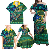 Personalised Solomon Islands Independence Day Family Matching Off Shoulder Maxi Dress and Hawaiian Shirt Crocodile Hibiscus Tribal Pattern