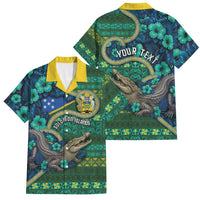 Personalised Solomon Islands Independence Day Family Matching Off Shoulder Maxi Dress and Hawaiian Shirt Crocodile Hibiscus Tribal Pattern DT05 Dad's Shirt - Short Sleeve Green - Polynesian Pride