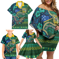 Personalised Solomon Islands Independence Day Family Matching Off Shoulder Short Dress and Hawaiian Shirt Crocodile Hibiscus Tribal Pattern DT05 - Polynesian Pride