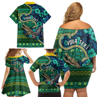Personalised Solomon Islands Independence Day Family Matching Off Shoulder Short Dress and Hawaiian Shirt Crocodile Hibiscus Tribal Pattern