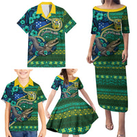 Personalised Solomon Islands Independence Day Family Matching Puletasi and Hawaiian Shirt Crocodile Hibiscus Tribal Pattern