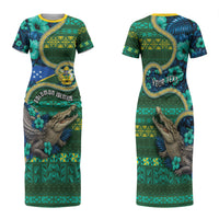 Personalised Solomon Islands Independence Day Family Matching Short Sleeve Bodycon Dress and Hawaiian Shirt Crocodile Hibiscus Tribal Pattern DT05 Mom's Dress Green - Polynesian Pride