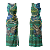 Personalised Solomon Islands Independence Day Family Matching Tank Maxi Dress and Hawaiian Shirt Crocodile Hibiscus Tribal Pattern DT05 Mom's Dress Green - Polynesian Pride