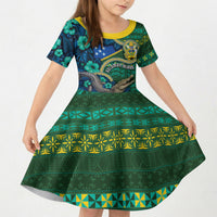 Personalised Solomon Islands Independence Day Kid Short Sleeve Dress Crocodile Hibiscus Tribal Pattern DT05 KID Green - Polynesian Pride