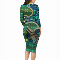 Personalised Solomon Islands Independence Day Long Sleeve Bodycon Dress Crocodile Hibiscus Tribal Pattern DT05 - Polynesian Pride