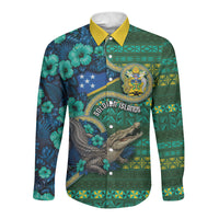 Personalised Solomon Islands Independence Day Long Sleeve Button Shirt Crocodile Hibiscus Tribal Pattern DT05 Unisex Green - Polynesian Pride