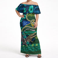 Personalised Solomon Islands Independence Day Off Shoulder Maxi Dress Crocodile Hibiscus Tribal Pattern DT05 Women Green - Polynesian Pride