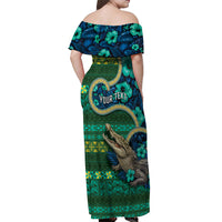 Personalised Solomon Islands Independence Day Off Shoulder Maxi Dress Crocodile Hibiscus Tribal Pattern