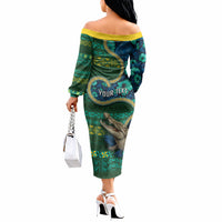 Personalised Solomon Islands Independence Day Off The Shoulder Long Sleeve Dress Crocodile Hibiscus Tribal Pattern DT05 - Polynesian Pride