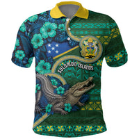 Personalised Solomon Islands Independence Day Polo Shirt Crocodile Hibiscus Tribal Pattern DT05 Green - Polynesian Pride