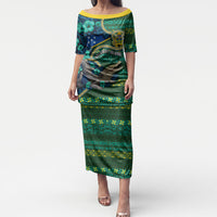 Personalised Solomon Islands Independence Day Puletasi Crocodile Hibiscus Tribal Pattern DT05 Long Dress Green - Polynesian Pride