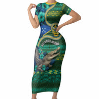 Personalised Solomon Islands Independence Day Short Sleeve Bodycon Dress Crocodile Hibiscus Tribal Pattern DT05 Long Dress Green - Polynesian Pride