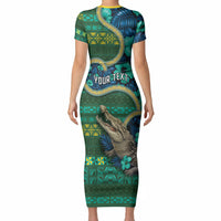 Personalised Solomon Islands Independence Day Short Sleeve Bodycon Dress Crocodile Hibiscus Tribal Pattern DT05 - Polynesian Pride
