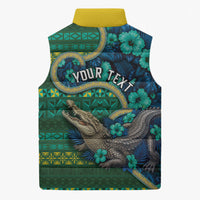 Personalised Solomon Islands Independence Day Sleeveless Puffer Jacket Crocodile Hibiscus Tribal Pattern