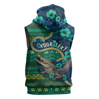 Personalised Solomon Islands Independence Day Sleeveless Zip Hoodie Crocodile Hibiscus Tribal Pattern