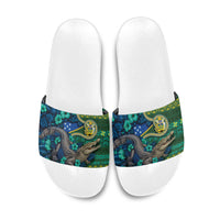 Solomon Islands Independence Day Slide Sandals Crocodile Hibiscus Tribal Pattern