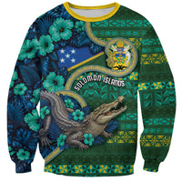Personalised Solomon Islands Independence Day Sweatshirt Crocodile Hibiscus Tribal Pattern