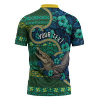 Personalised Solomon Islands Independence Day Zipper Polo Shirt Crocodile Hibiscus Tribal Pattern DT05 - Polynesian Pride