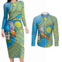 Personalised Palau Biib Bird Couples Matching Long Sleeve Bodycon Dress and Long Sleeve Button Shirt Rur Flower And Rock Islands Patterns DT05 Blue - Polynesian Pride
