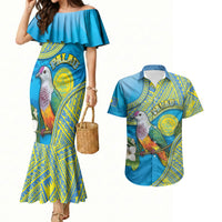 Personalised Palau Biib Bird Couples Matching Mermaid Dress and Hawaiian Shirt Rur Flower And Rock Islands Patterns DT05 Blue - Polynesian Pride