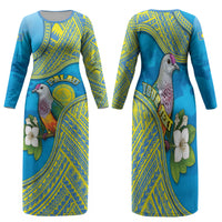Personalised Palau Biib Bird Family Matching Long Sleeve Bodycon Dress and Hawaiian Shirt Rur Flower And Rock Islands Patterns DT05 Mom's Dress Blue - Polynesian Pride