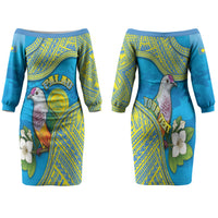 Personalised Palau Biib Bird Family Matching Off The Shoulder Long Sleeve Dress and Hawaiian Shirt Rur Flower And Rock Islands Patterns DT05 Mom's Dress Blue - Polynesian Pride