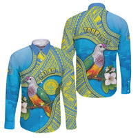 Personalised Palau Biib Bird Family Matching Off The Shoulder Long Sleeve Dress and Hawaiian Shirt Rur Flower And Rock Islands Patterns DT05 Dad's Shirt - Long Sleeve Blue - Polynesian Pride