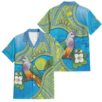 Personalised Palau Biib Bird Family Matching Off Shoulder Short Dress and Hawaiian Shirt Rur Flower And Rock Islands Patterns DT05 Dad's Shirt - Short Sleeve Blue - Polynesian Pride