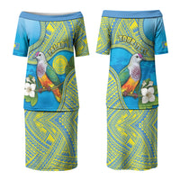 Personalised Palau Biib Bird Family Matching Puletasi and Hawaiian Shirt Rur Flower And Rock Islands Patterns DT05 Mom's Dress Blue - Polynesian Pride