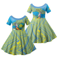 Personalised Palau Biib Bird Family Matching Puletasi and Hawaiian Shirt Rur Flower And Rock Islands Patterns DT05 Daughter's Dress Blue - Polynesian Pride