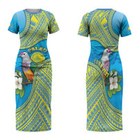 Personalised Palau Biib Bird Family Matching Short Sleeve Bodycon Dress and Hawaiian Shirt Rur Flower And Rock Islands Patterns DT05 Mom's Dress Blue - Polynesian Pride