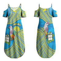 Personalised Palau Biib Bird Family Matching Summer Maxi Dress and Hawaiian Shirt Rur Flower And Rock Islands Patterns DT05 Mom's Dress Blue - Polynesian Pride