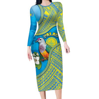 Personalised Palau Biib Bird Long Sleeve Bodycon Dress Rur Flower And Rock Islands Patterns