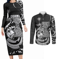 Personalised Guam Liberation Day Couples Matching Long Sleeve Bodycon Dress and Long Sleeve Button Shirt Black White Latte Stone Tribal Patterns DT05 Black - Polynesian Pride