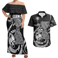 Personalised Guam Liberation Day Couples Matching Off Shoulder Maxi Dress and Hawaiian Shirt Black White Latte Stone Tribal Patterns DT05 Black - Polynesian Pride