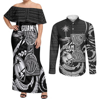 Personalised Guam Liberation Day Couples Matching Off Shoulder Maxi Dress and Long Sleeve Button Shirt Black White Latte Stone Tribal Patterns DT05 Black - Polynesian Pride