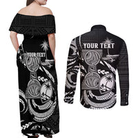 Personalised Guam Liberation Day Couples Matching Off Shoulder Maxi Dress and Long Sleeve Button Shirt Black White Latte Stone Tribal Patterns