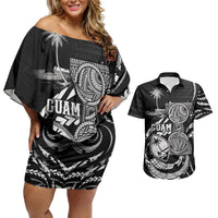 Personalised Guam Liberation Day Couples Matching Off Shoulder Short Dress and Hawaiian Shirt Black White Latte Stone Tribal Patterns DT05 Black - Polynesian Pride