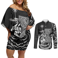 Personalised Guam Liberation Day Couples Matching Off Shoulder Short Dress and Long Sleeve Button Shirt Black White Latte Stone Tribal Patterns DT05 Black - Polynesian Pride