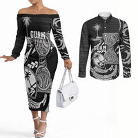 Personalised Guam Liberation Day Couples Matching Off The Shoulder Long Sleeve Dress and Long Sleeve Button Shirt Black White Latte Stone Tribal Patterns DT05 Black - Polynesian Pride