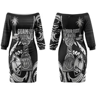 Personalised Guam Liberation Day Couples Matching Off The Shoulder Long Sleeve Dress and Long Sleeve Button Shirt Black White Latte Stone Tribal Patterns DT05 - Polynesian Pride