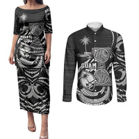 Personalised Guam Liberation Day Couples Matching Puletasi and Long Sleeve Button Shirt Black White Latte Stone Tribal Patterns DT05 Black - Polynesian Pride