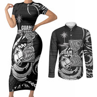Personalised Guam Liberation Day Couples Matching Short Sleeve Bodycon Dress and Long Sleeve Button Shirt Black White Latte Stone Tribal Patterns DT05 Black - Polynesian Pride
