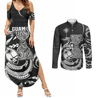 Personalised Guam Liberation Day Couples Matching Summer Maxi Dress and Long Sleeve Button Shirt Black White Latte Stone Tribal Patterns DT05 Black - Polynesian Pride