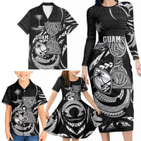 Personalised Guam Liberation Day Family Matching Long Sleeve Bodycon Dress and Hawaiian Shirt Black White Latte Stone Tribal Patterns DT05 - Polynesian Pride
