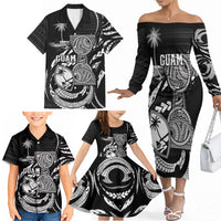 Personalised Guam Liberation Day Family Matching Off The Shoulder Long Sleeve Dress and Hawaiian Shirt Black White Latte Stone Tribal Patterns DT05 - Polynesian Pride