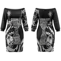 Personalised Guam Liberation Day Family Matching Off The Shoulder Long Sleeve Dress and Hawaiian Shirt Black White Latte Stone Tribal Patterns DT05 Mom's Dress Black - Polynesian Pride