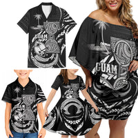 Personalised Guam Liberation Day Family Matching Off Shoulder Short Dress and Hawaiian Shirt Black White Latte Stone Tribal Patterns DT05 - Polynesian Pride