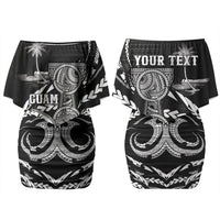 Personalised Guam Liberation Day Family Matching Off Shoulder Short Dress and Hawaiian Shirt Black White Latte Stone Tribal Patterns DT05 Mom's Dress Black - Polynesian Pride