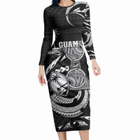 Personalised Guam Liberation Day Long Sleeve Bodycon Dress Black White Latte Stone Tribal Patterns DT05 Long Dress Black - Polynesian Pride